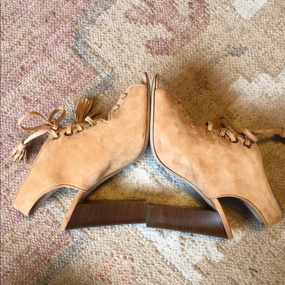 Club Monaco Mireva Suede Lace-up Open Toe Block Heel Sandals Tan Sz. 40